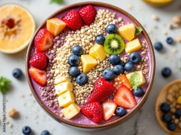 Obraz A vibrant smoothie bowl adorned with fresh fruits and nutrient-rich seeds, celebrating healthy eating, nutrition, and a plant-based lifestyle
