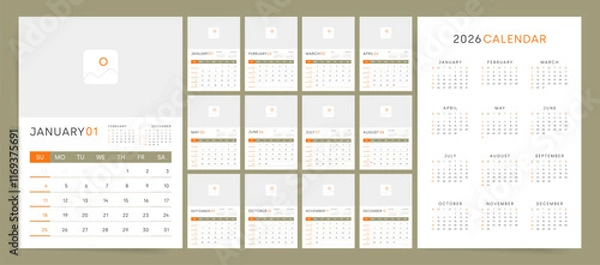 Fototapeta Calendar 2026, Calendar 2026 Sunday Start Professional Clean Design Template Vector, 12 Professional Calendar Pages for whole 2026 year with Logo and Image Integration.