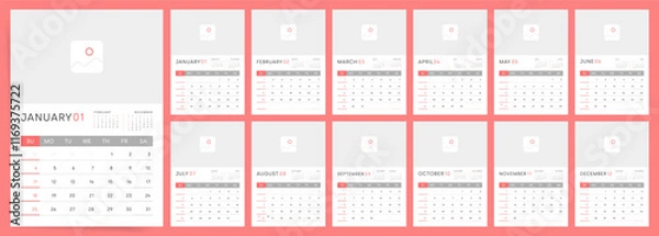 Obraz Calendar template for 2026 year. Sunday Starts. Wall planner with photo image. Corporate or business calendar. 2026 calendar in minimal business style. English vector calendar pages for whole 2026.
