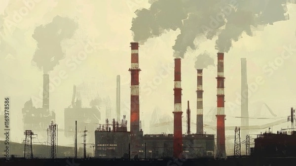 Fototapeta Smog-filled sky above industrial complex with tall smokestacks emitting dark smoke.