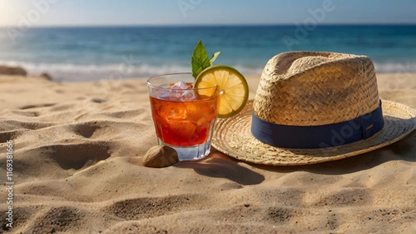 Obraz Cocktail on Beach, Refreshing Tropical Cocktail on Sandy Beach under clear summer sky, Straw hat with Exotic Cocktail, Strawhat and Cocktail on Beach Background