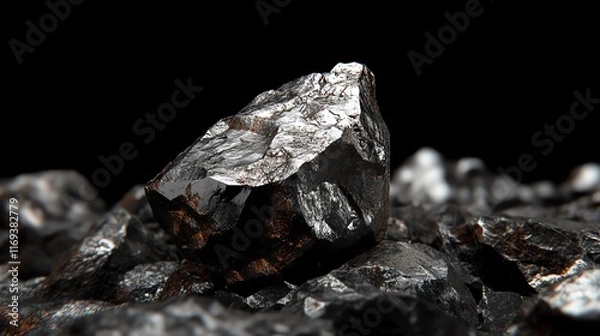 Fototapeta Close-up of a shiny black mineral rock against a dark background, showcasing intricate details.