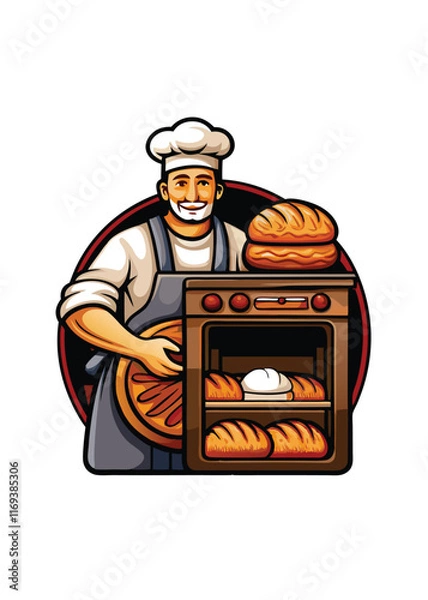 Fototapeta A baker in a white chef's hat and apron is taking a fresh loaf of bread out of the oven,  with other loaves already baked inside.