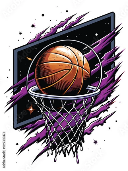 Obraz A basketball flying towards a hoop in neon purple and black.