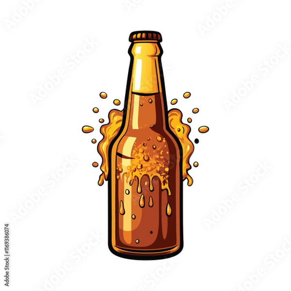 Obraz Cartoon illustration of a brown beer bottle with golden liquid inside, surrounded by splashes of beer.