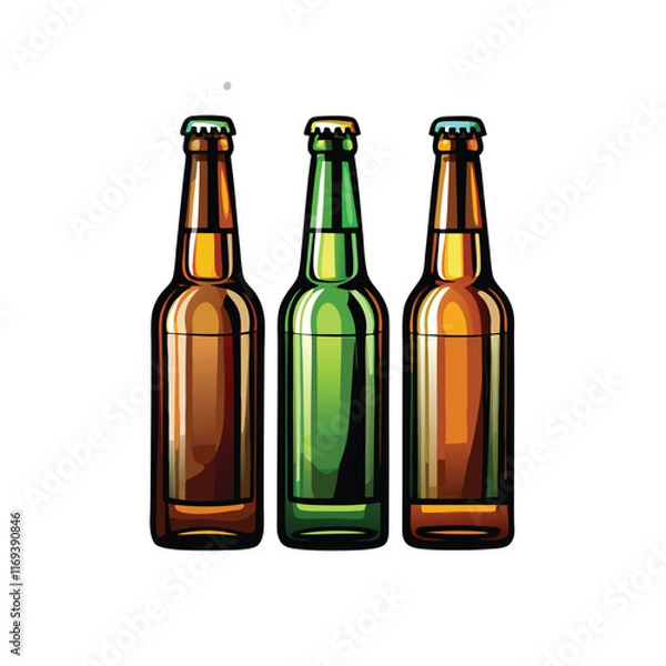 Obraz Three beer bottles in different colors standing in a row.
