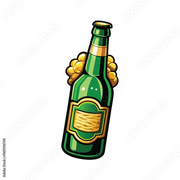 Obraz A cartoon illustration of a green beer bottle with a golden label and foam.