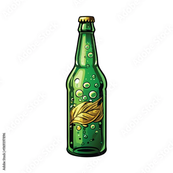 Fototapeta A cartoon illustration of a green glass beer bottle with water droplets and a gold leaf.