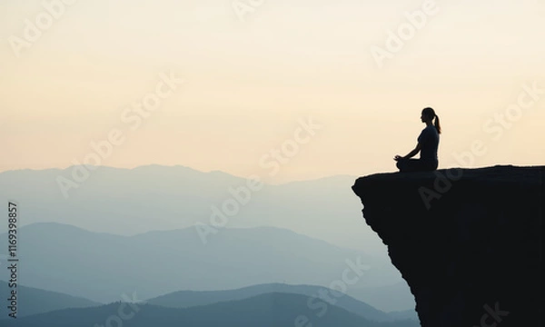 Fototapeta A minimalist silhouette of a person meditating at the edge of a cliff, with a vast, open sky above