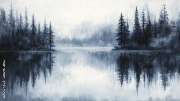 Fototapeta Serene Mist Shrouded Lake And Forest Reflection