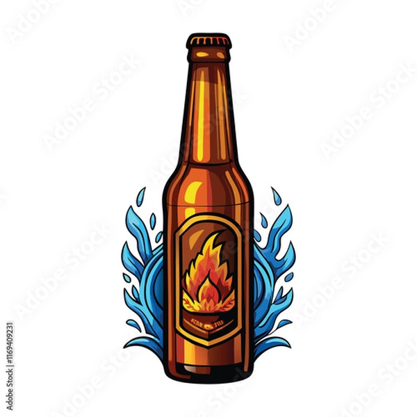 Obraz A tall brown beer bottle with a colorful label featuring a fiery flame and blue water splashes.