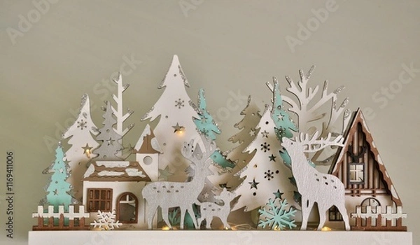 Fototapeta 3 Layer LED Wooden Xmas Trees and Deer. Deer, cabin and Christmas trees made of wood with led light.Standing Holiday Trees, Deer in the forest, Christmas Reindeer Scene, Christmas forest decoration.