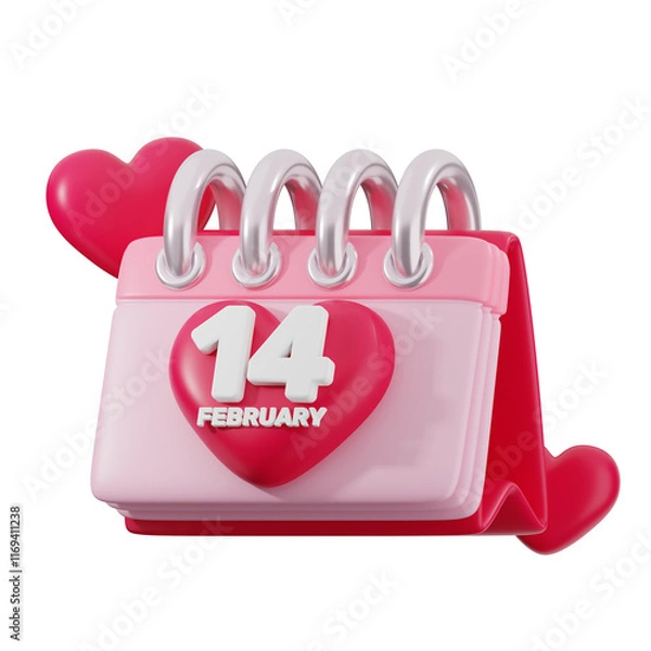 Fototapeta A 3D rendering of a pink calendar with the date February 14th highlighted in a heart shape, surrounded by pink hearts.