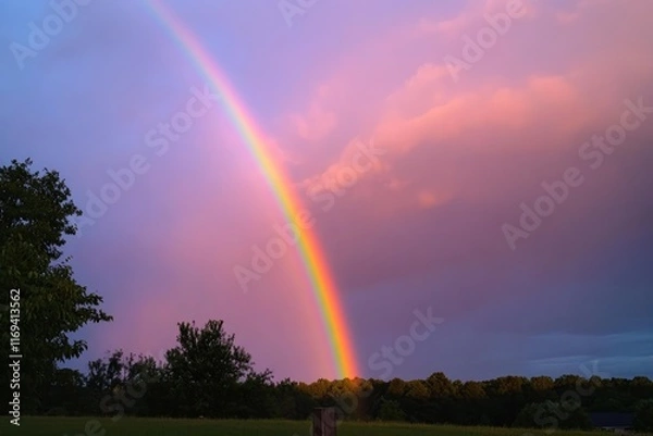 Fototapeta A stunning rainbow fills the sky, illuminated by sunlight after a recent rain, symbolizing hope and vibrant beauty