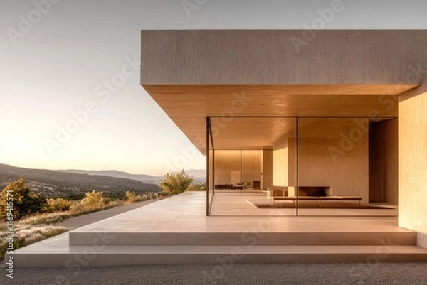 Fototapeta Clean lines and big windows in this minimalist home bring a serene vibe, harmonizing with nature