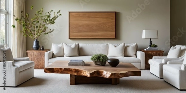 Fototapeta Modern living room with natural elements and minimalistic design features