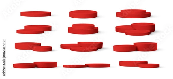 Fototapeta Red Realistic Empty 3d Product Podium Set Isolated on White Background. Vector Illustration