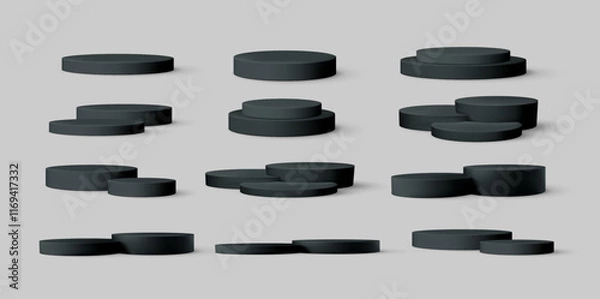 Fototapeta Black Realistic Empty 3d Product Podium Set Isolated on White Background. Vector Illustration