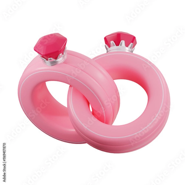 Obraz A 3D rendering of two intertwined pink rings with red gemstones, symbolizing love, commitment, and unity.