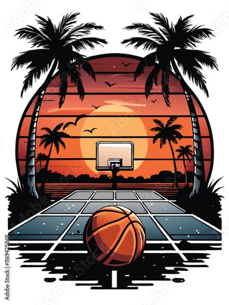 Obraz A basketball court with palm trees and a basketball at sunset, retro color tone.