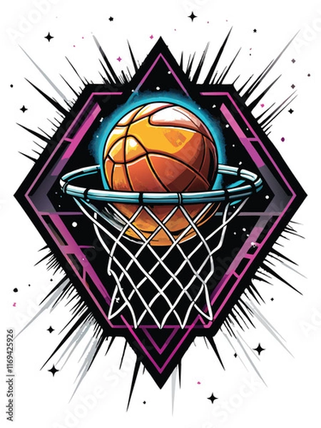 Obraz A basketball hoop with neon glow and a ball going through the net.