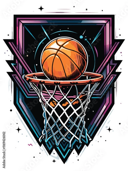 Obraz A glowing neon basketball hoop with a basketball going through the net.