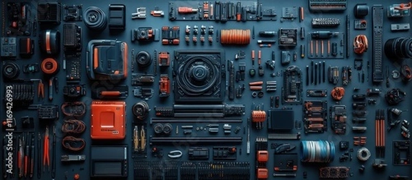 Fototapeta Flat lay of various tools and equipment arranged on a dark surface.