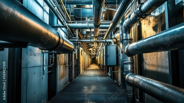 Fototapeta Industrial Corridor with Metal Pipes and Machinery in Background