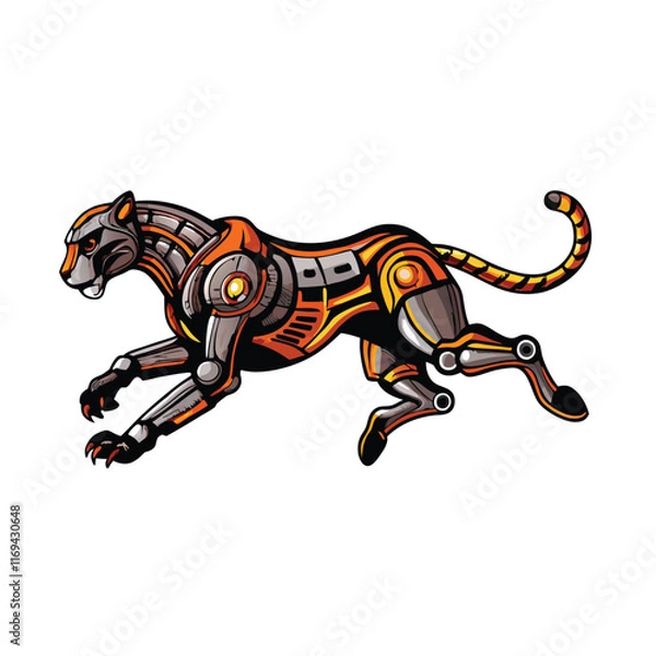 Obraz A cybernetic cheetah in mid-sprint, with a single hydraulic limb, depicted in a cartoon style with bright colours and sharp lines.