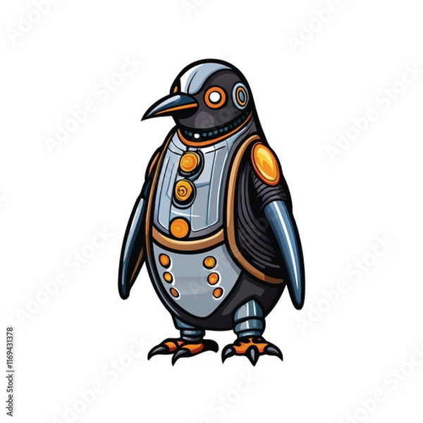 Obraz A futuristic, cartoon-style cybernetic penguin with a sleek, metallic body and glowing orange accents.