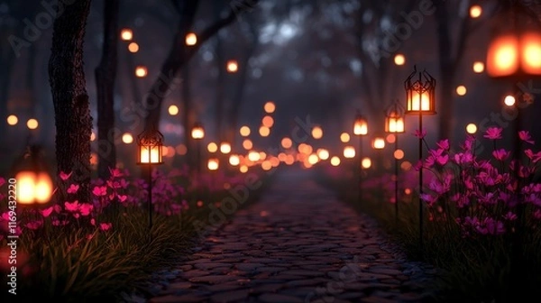 Fototapeta Enchanting Pathway Illuminated by Lanterns and Surrounded by Flowers