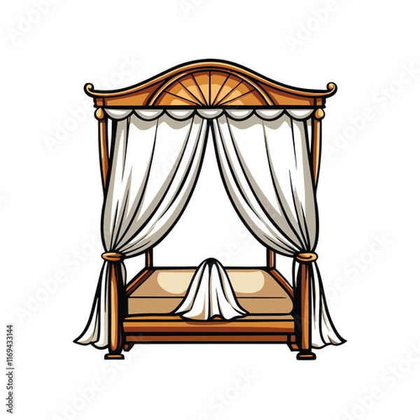 Obraz A cartoon style illustration of a detailed canopy bed with sheer curtains draped over it.