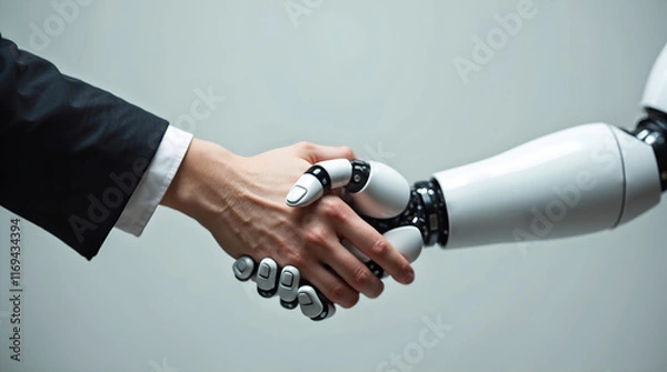 Fototapeta Symbolic handshake between human and robot with mechanical precision showcasing innovation and collaborative future vision