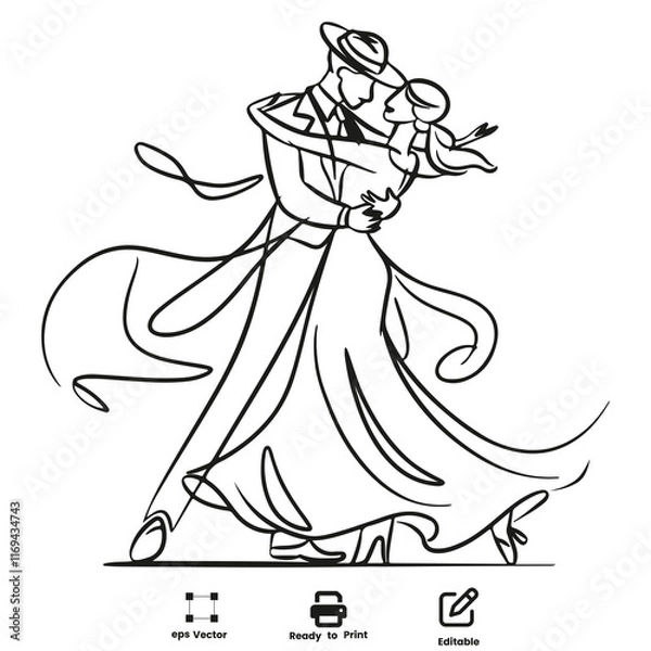 Fototapeta Ballroom Dancing Couple wearing hat Elegant Line Art vector design Valentine Day coloring page activity book