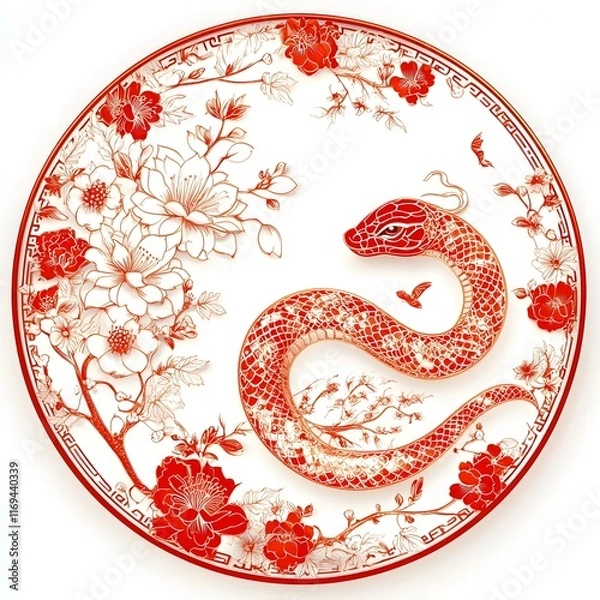 Obraz Chinese Lunar New Year snake paper cutting auspicious, greeting card pattern background template