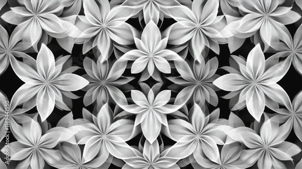 Fototapeta Monochrome floral pattern; abstract, symmetrical, grayscale flower design; perfect for backgrounds or textures.