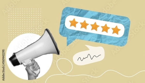 Fototapeta write a review. a collage based on the review. write a positive review of the product. evaluation of the service. product evaluation and delivery. collage. 