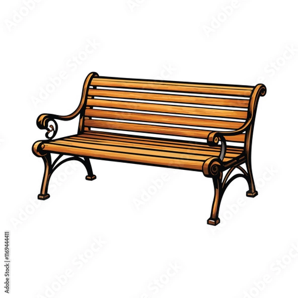 Obraz A wooden bench with a slatted backrest and elegant scrolled armrests, rendered in a cartoon style with vibrant colors and a white background.
