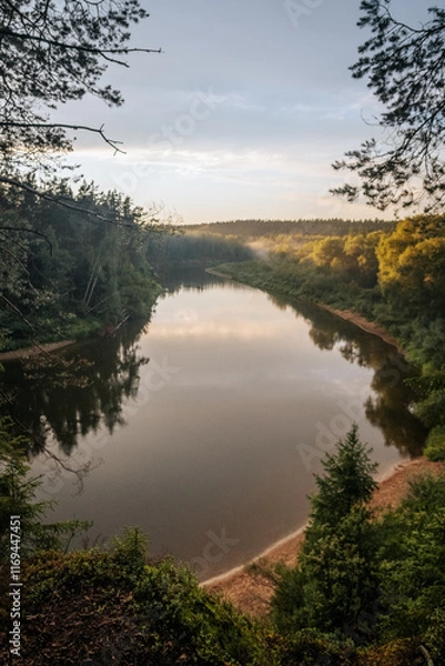 Obraz A river at sunset surrounded by green forests
