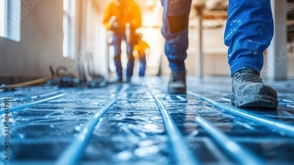 Fototapeta Workers Installing Pipes Beneath Floor with Tools