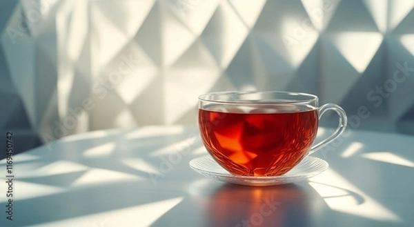 Fototapeta Warm cup of tea resting on a table with soft light and shadows from sheer curtains