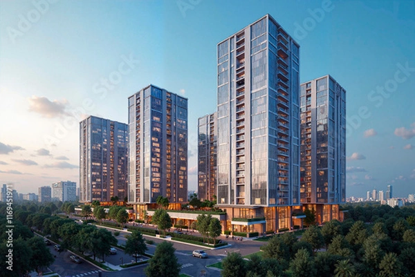 Fototapeta An artist's rendering of a modern apartment complex at dusk. Three tall, slender buildings are shown, with a ground level retail space. The scene is tranquil, the buildings are well lit, and there are
