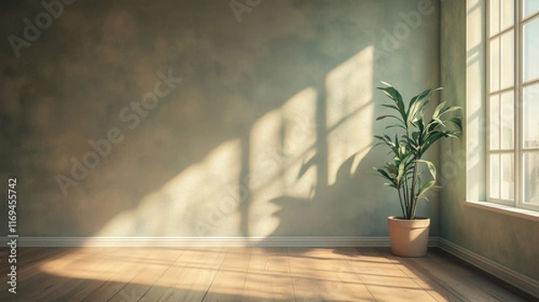Fototapeta Render 3D de uma bela sala iluminada pelo sol com janela lateral, paredes clara  e um piso de madeira com um vaso de planta, cenário perfeito para a colocação de elementos publicitários