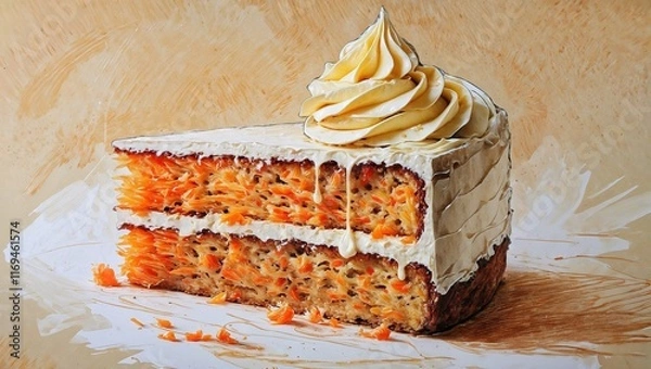 Fototapeta Illustration of delicious Slice of Carrot Cake with Cream Cheese Frosting. AI Generated.