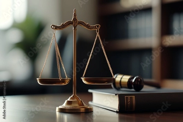 Fototapeta Golden scales of justice with gavel and law book on desk. Legal concept for attorneys, courts, and judicial system. Professional law office background with copy space