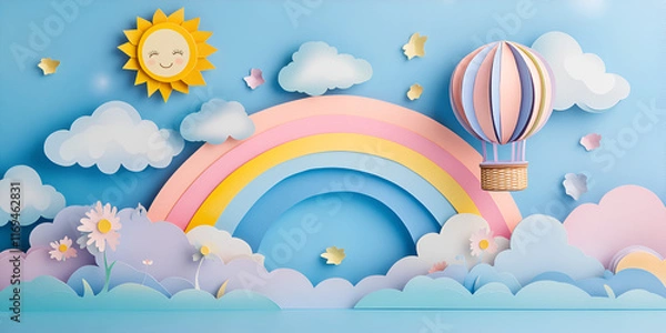 Fototapeta Vibrant pastel clouds and bright rainbows with cheerful sunlit sky