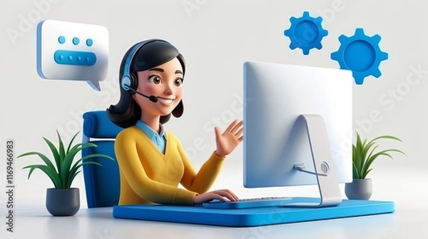 Fototapeta Friendly 3D Cartoon Customer Service Agent at Computer