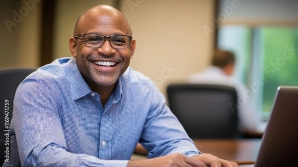 Obraz Smiling Businessman Working on Laptop in Office