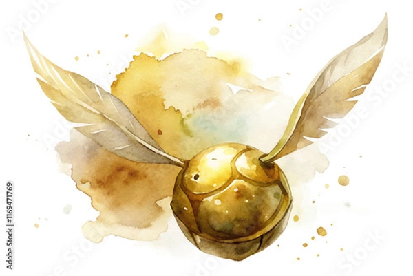 Obraz Golden snitch illustration, watercolor style, whimsical design, fantasy theme, artistic splash background.