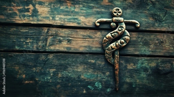 Fototapeta Ancient Serpent Dagger on Rustic Wooden Background